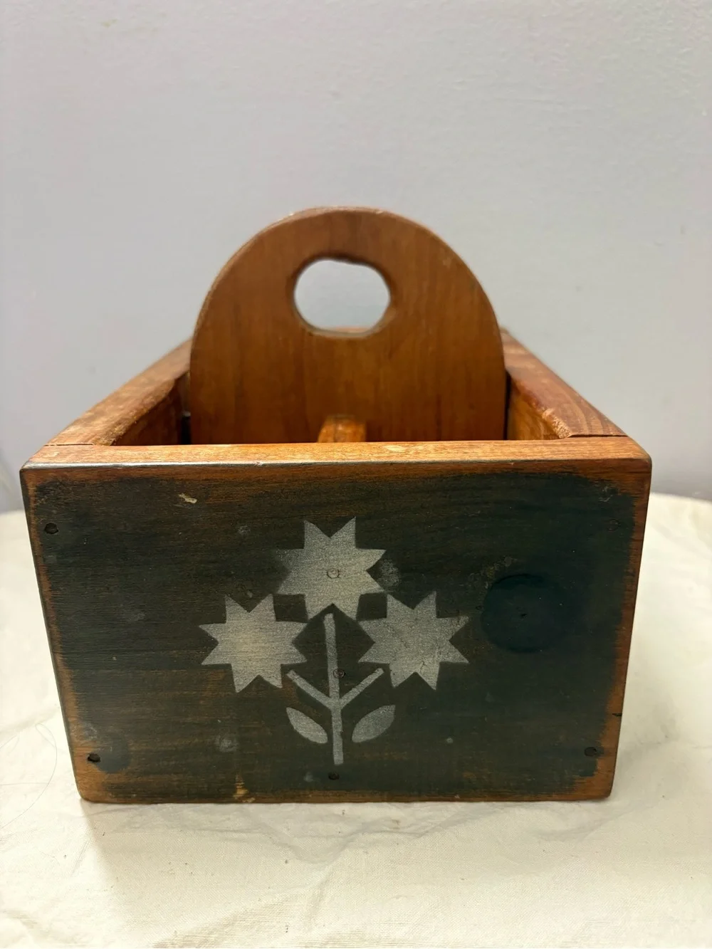 Handmade Wooden Tote Box with Stenciled Folk Motif